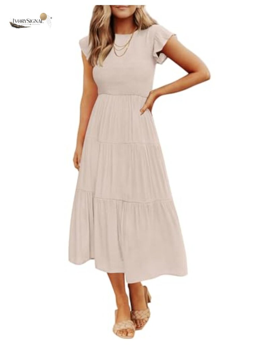 Flutter Short Sleeve Smocked Midi Dress Rayon Tiered Ruffle Casual